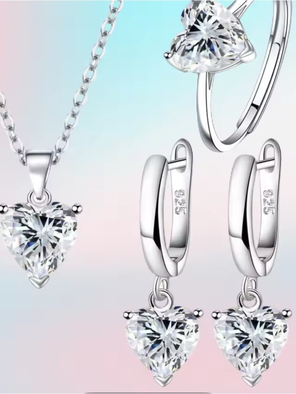 Anthropologie Silver Heart Pendant Necklace & Hoop Drop Earrings Set